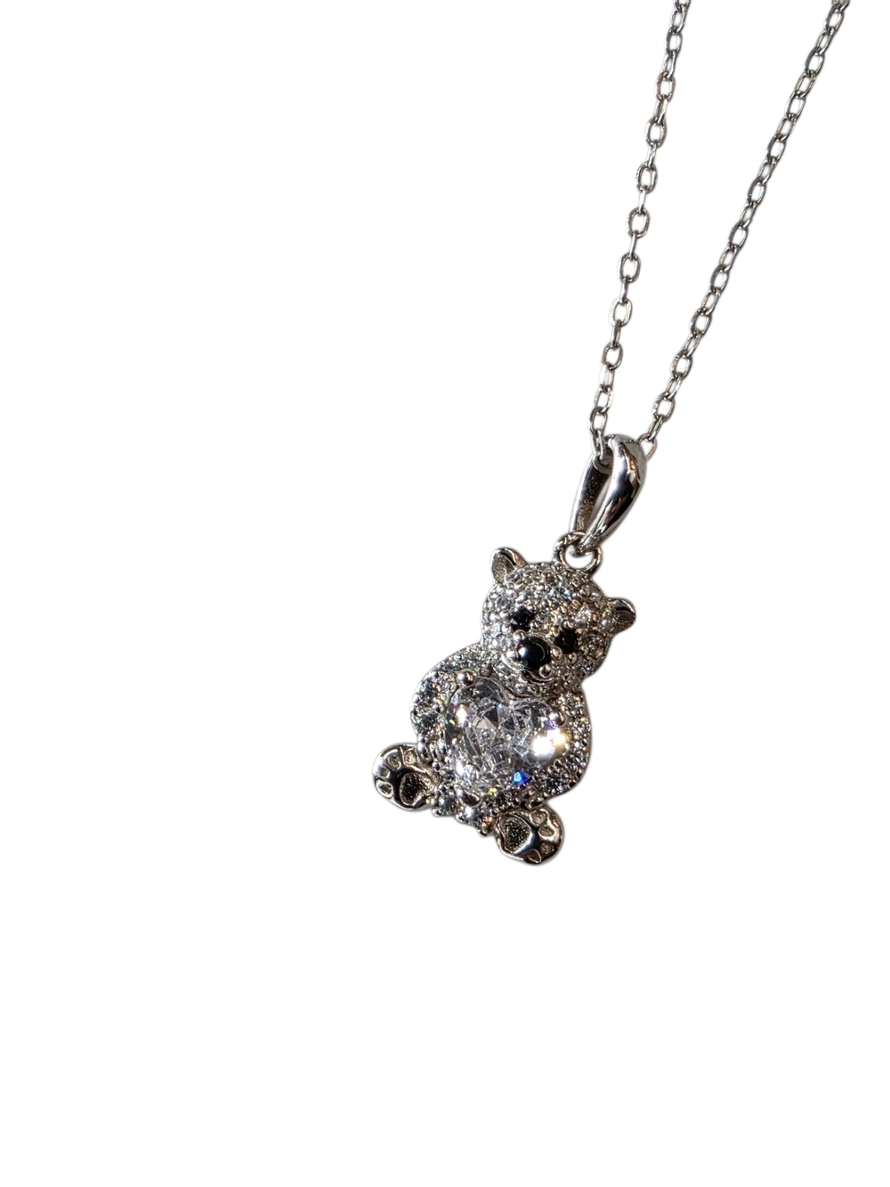 Sterling Silver 925 Crystal Teddy Bear Pendant Necklace - Silver Sparkle